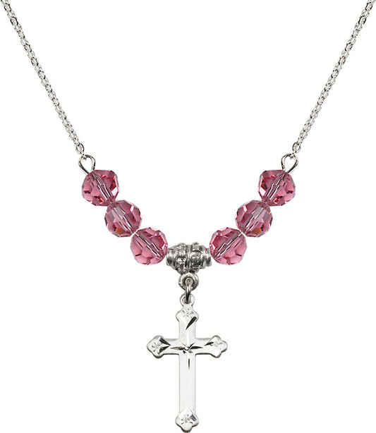 Sterling Silver Cross Birthstone Necklace with Rose Beads - 0667