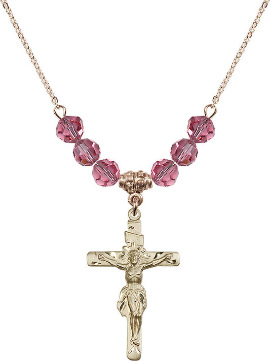 14kt Gold Filled Crucifix Birthstone Necklace with Rose Beads - 0668