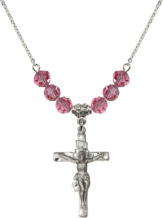 Sterling Silver Crucifix Birthstone Necklace with Rose Beads - 0668