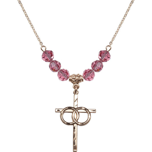 14kt Gold Filled Wedding Rings Cross Birthstone Necklace with Rose Beads - 0671