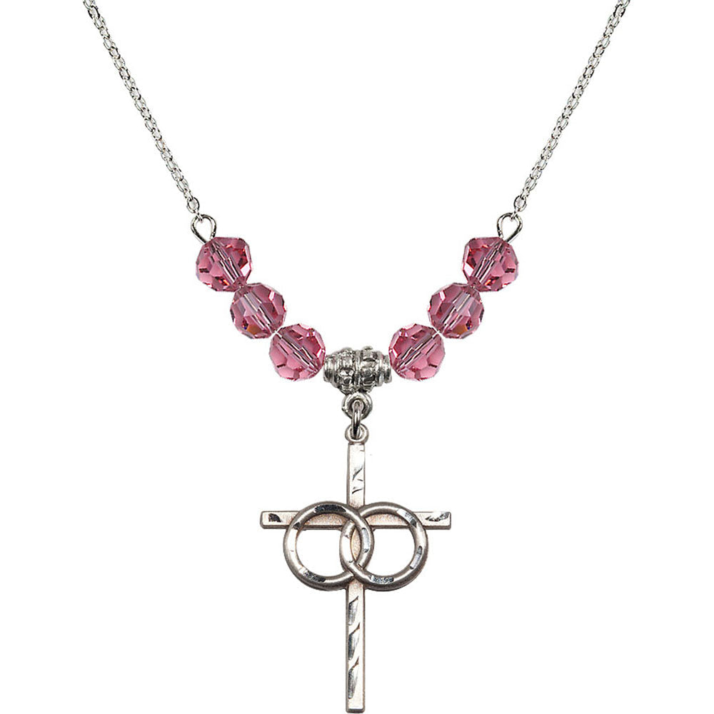 Sterling Silver Wedding Rings Cross Birthstone Necklace with Rose Beads - 0671