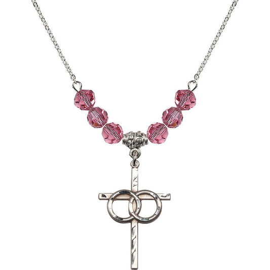 Sterling Silver Wedding Rings Cross Birthstone Necklace with Rose Beads - 0671