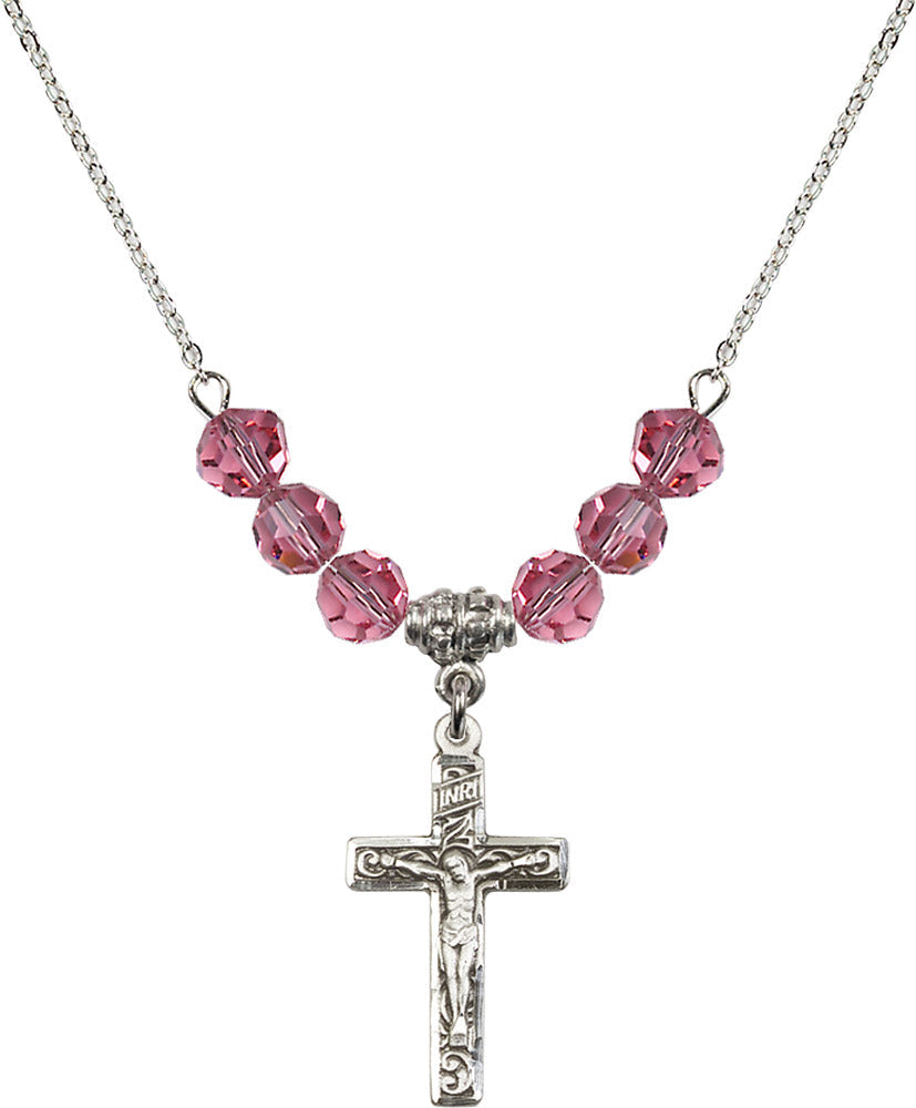 Sterling Silver Crucifix Birthstone Necklace with Rose Beads - 0673