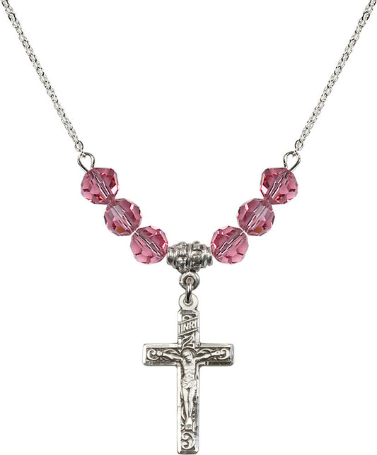 Sterling Silver Crucifix Birthstone Necklace with Rose Beads - 0673