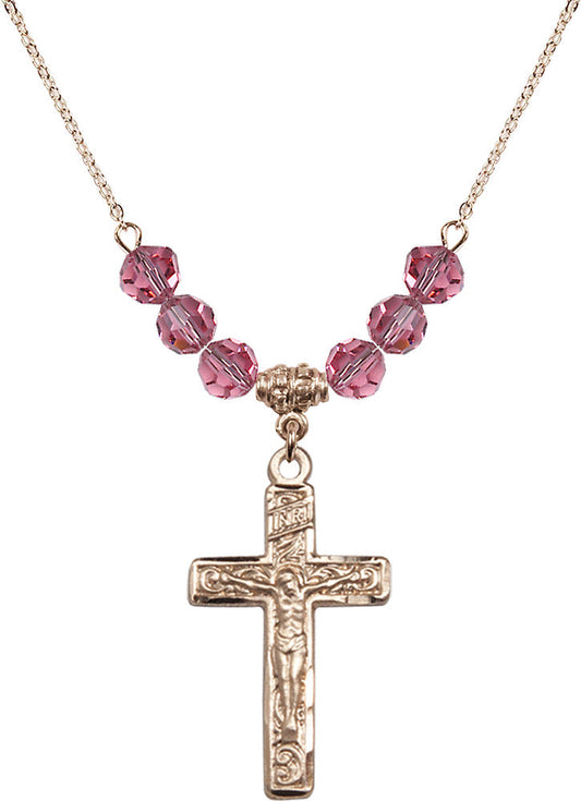 14kt Gold Filled Crucifix Birthstone Necklace with Rose Beads - 0674