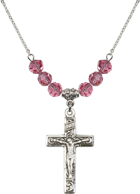 Sterling Silver Crucifix Birthstone Necklace with Rose Beads - 0674