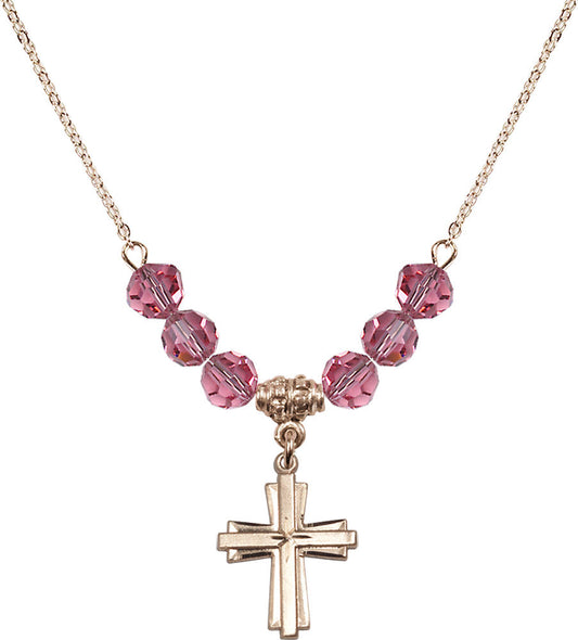14kt Gold Filled Cross Birthstone Necklace with Rose Beads - 0675
