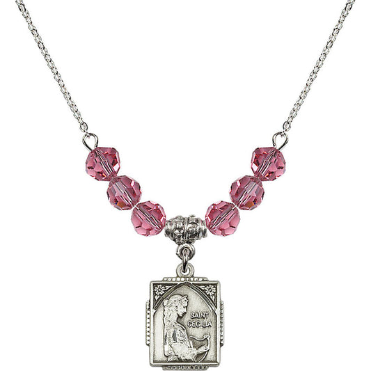 Sterling Silver Saint Cecilia Birthstone Necklace with Rose Beads - 0804