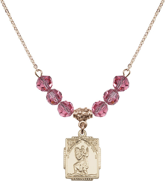 14kt Gold Filled Saint Christopher Birthstone Necklace with Rose Beads - 0804