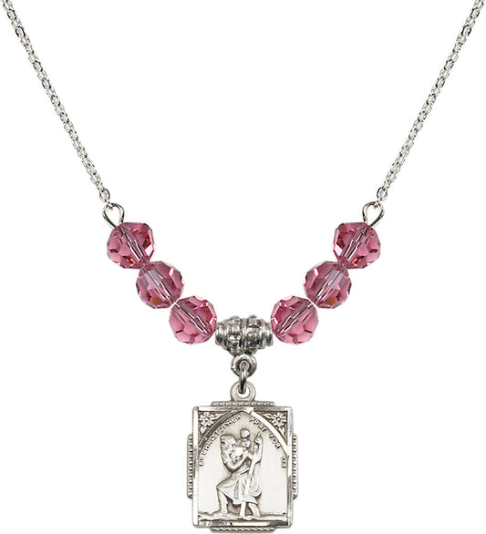 Sterling Silver Saint Christopher Birthstone Necklace with Rose Beads - 0804