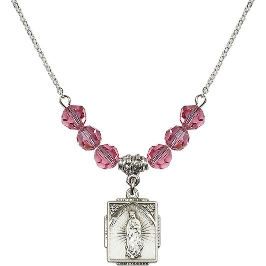 Sterling Silver Our Lady of Guadalupe Birthstone Necklace with Rose Beads - 0804