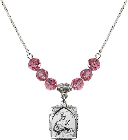 Sterling Silver Saint Gerard Birthstone Necklace with Rose Beads - 0804