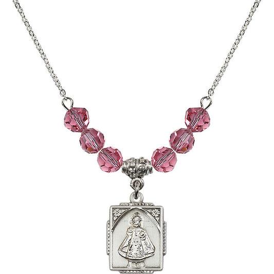 Sterling Silver Infant of Prague Birthstone Necklace with Rose Beads - 0804