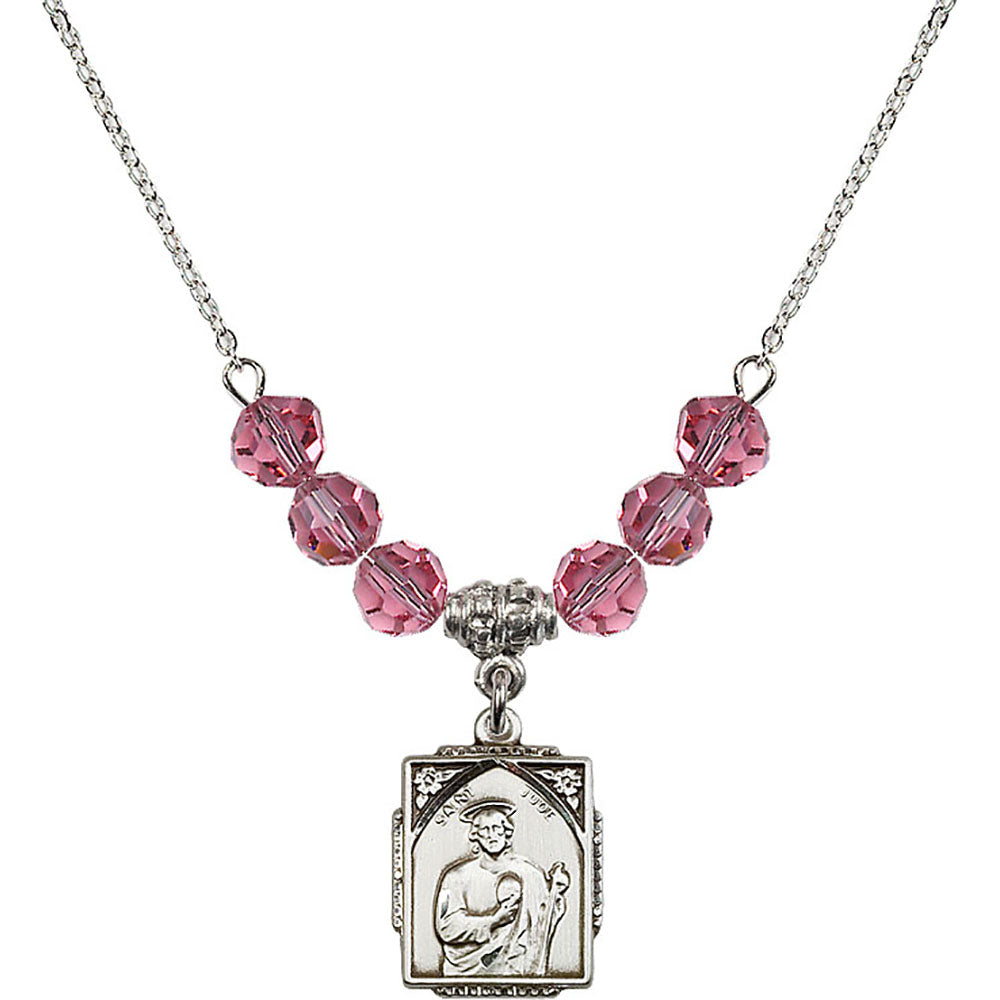 Sterling Silver Saint Jude Birthstone Necklace with Rose Beads - 0804