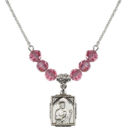 Sterling Silver Saint Jude Birthstone Necklace with Rose Beads - 0804
