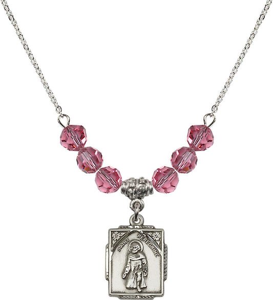 Sterling Silver Saint Peregrine Birthstone Necklace with Rose Beads - 0804