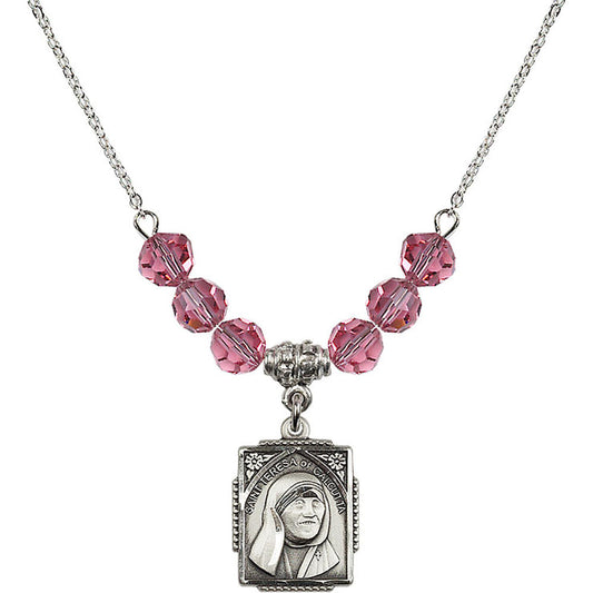 Sterling Silver Saint Teresa of Calcutta Birthstone Necklace with Rose Beads - 0804