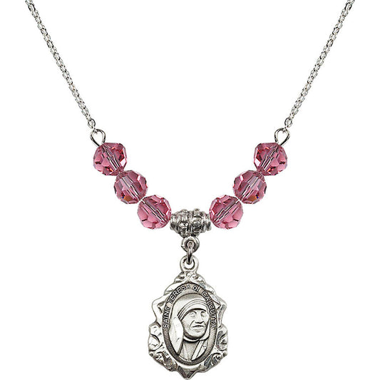 Sterling Silver Saint Teresa of Calcutta Birthstone Necklace with Rose Beads - 0812