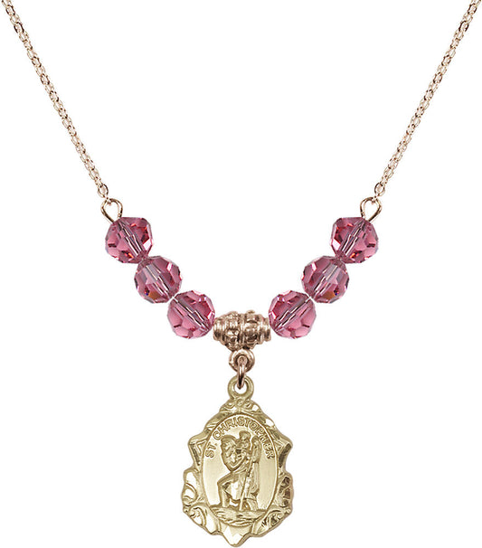 14kt Gold Filled Saint Christopher Birthstone Necklace with Rose Beads - 0822