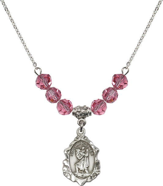 Sterling Silver Saint Christopher Birthstone Necklace with Rose Beads - 0822