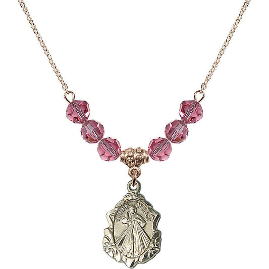 14kt Gold Filled Divine Mercy Birthstone Necklace with Rose Beads - 0822