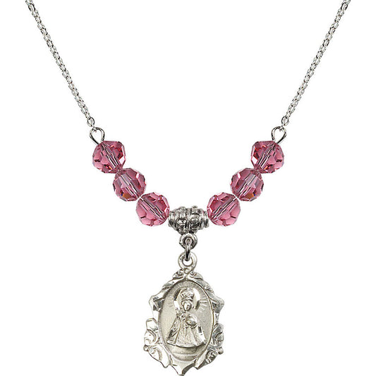 Sterling Silver Infant of Prague Birthstone Necklace with Rose Beads - 0822