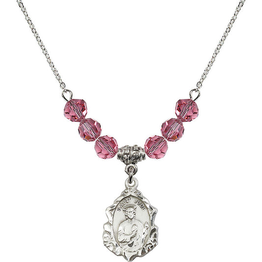 Sterling Silver Saint Jude Birthstone Necklace with Rose Beads - 0822