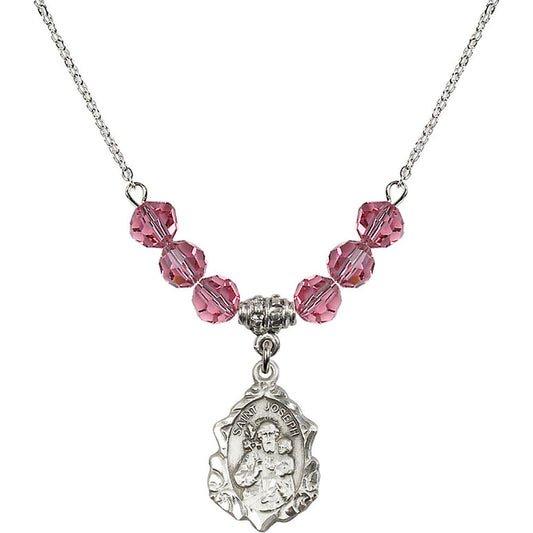 Sterling Silver Saint Joseph Birthstone Necklace with Rose Beads - 0822