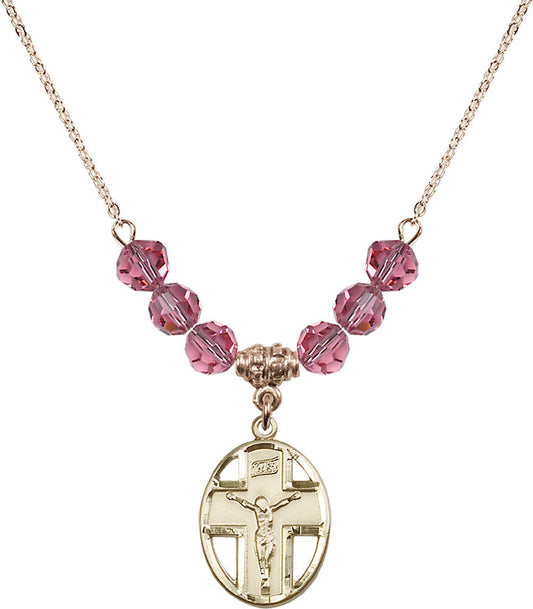14kt Gold Filled Crucifix Birthstone Necklace with Rose Beads - 0878