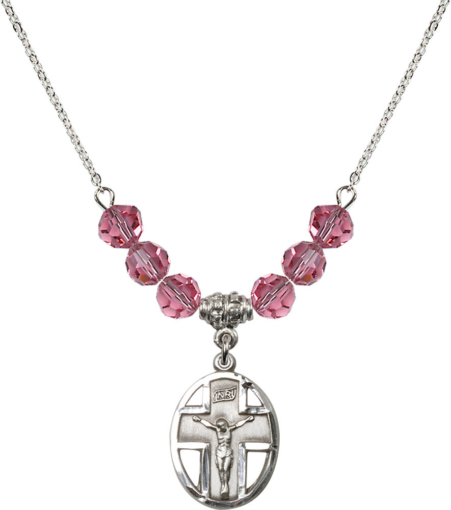 Sterling Silver Crucifix Birthstone Necklace with Rose Beads - 0878