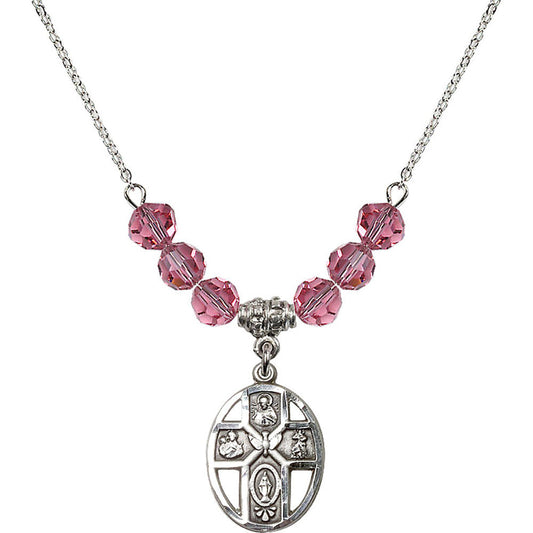 Sterling Silver 5-Way / Holy Spirit Birthstone Necklace with Rose Beads - 0880
