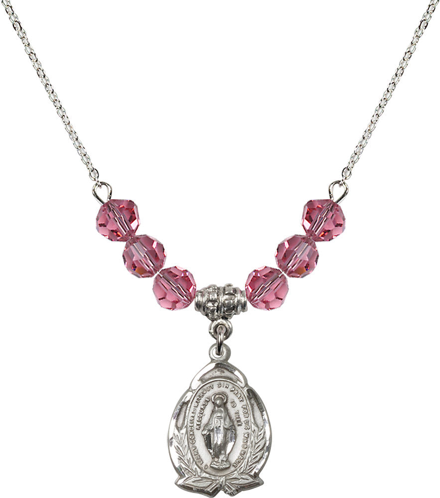 Sterling Silver Miraculous Birthstone Necklace with Rose Beads - 1481