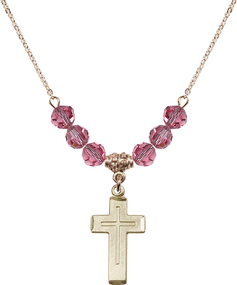 14kt Gold Filled Cross Birthstone Necklace with Rose Beads - 1529
