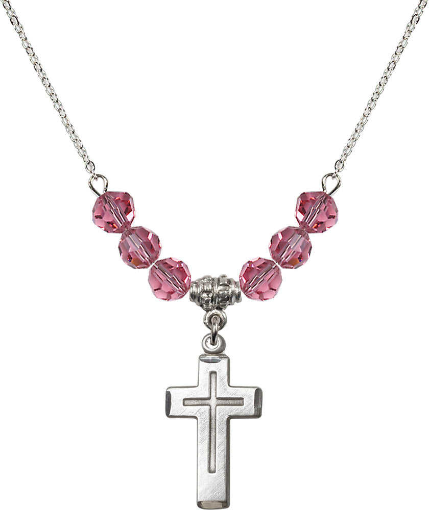 Sterling Silver Cross Birthstone Necklace with Rose Beads - 1529