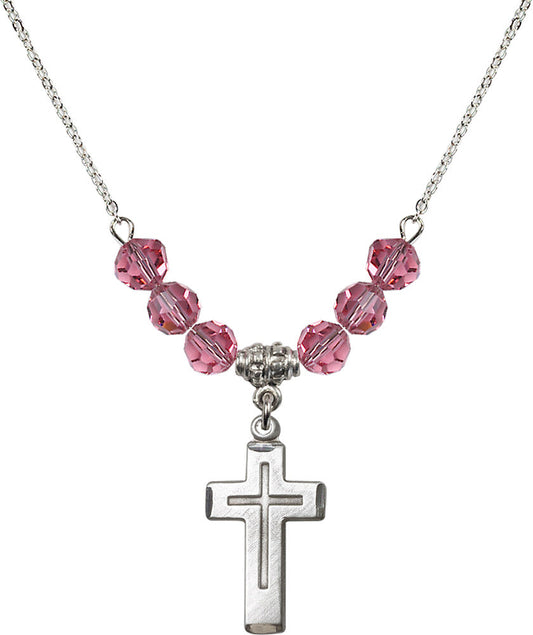 Sterling Silver Cross Birthstone Necklace with Rose Beads - 1529