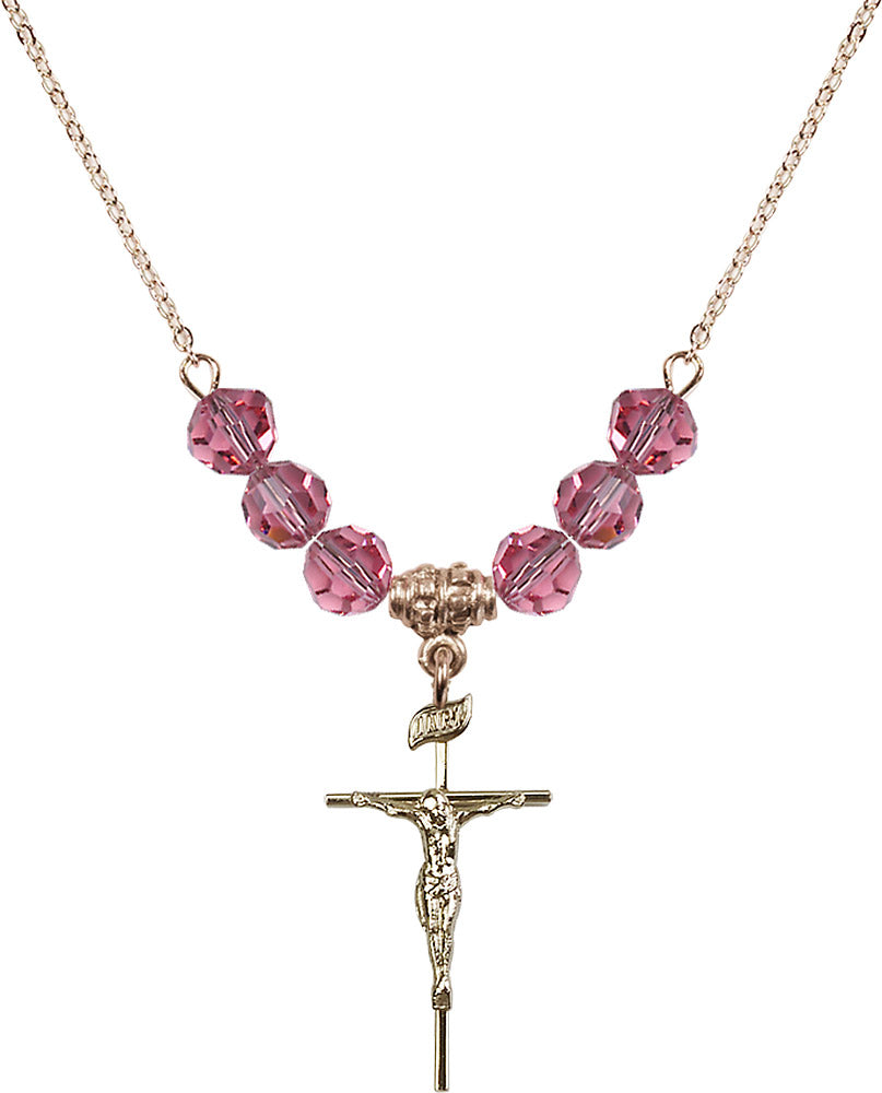 14kt Gold Filled Crucifix Birthstone Necklace with Rose Beads - 1535