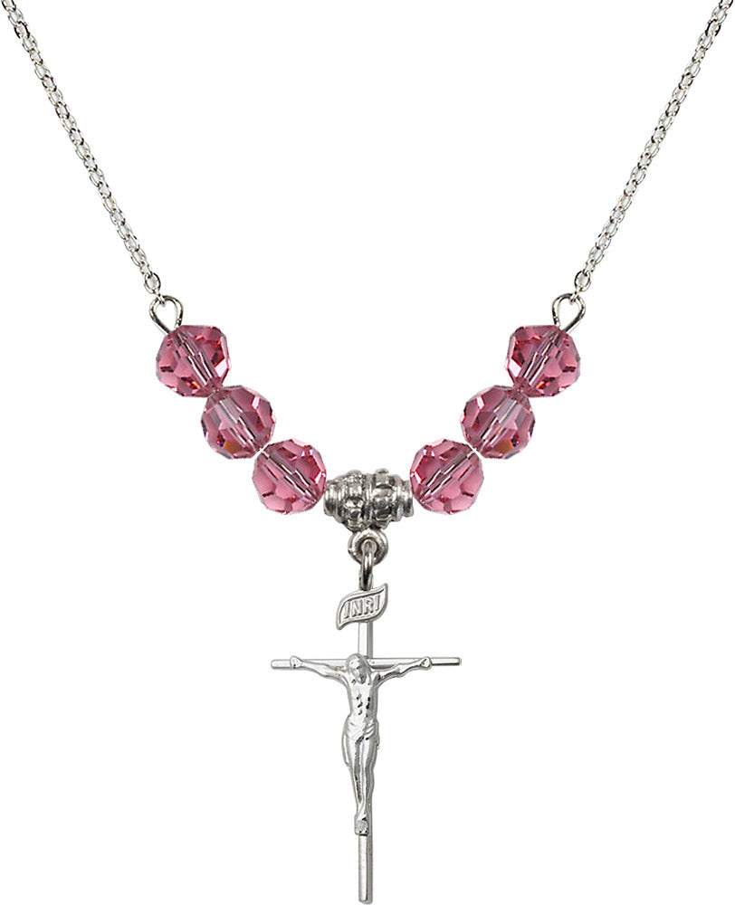 Sterling Silver Crucifix Birthstone Necklace with Rose Beads - 1535