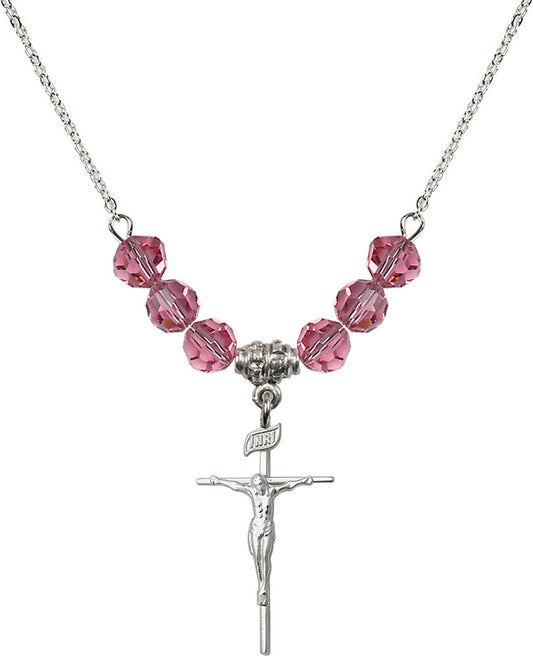 Sterling Silver Crucifix Birthstone Necklace with Rose Beads - 1535