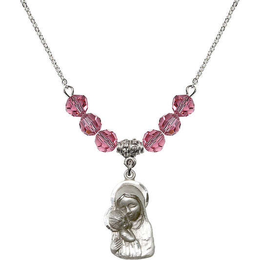 Sterling Silver Madonna & Child Birthstone Necklace with Rose Beads - 1612