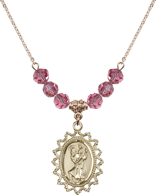14kt Gold Filled Saint Christopher Birthstone Necklace with Rose Beads - 1619