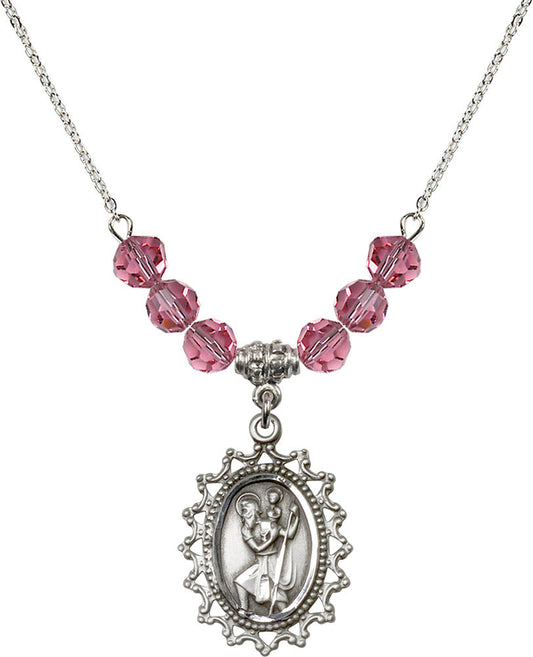 Sterling Silver Saint Christopher Birthstone Necklace with Rose Beads - 1619