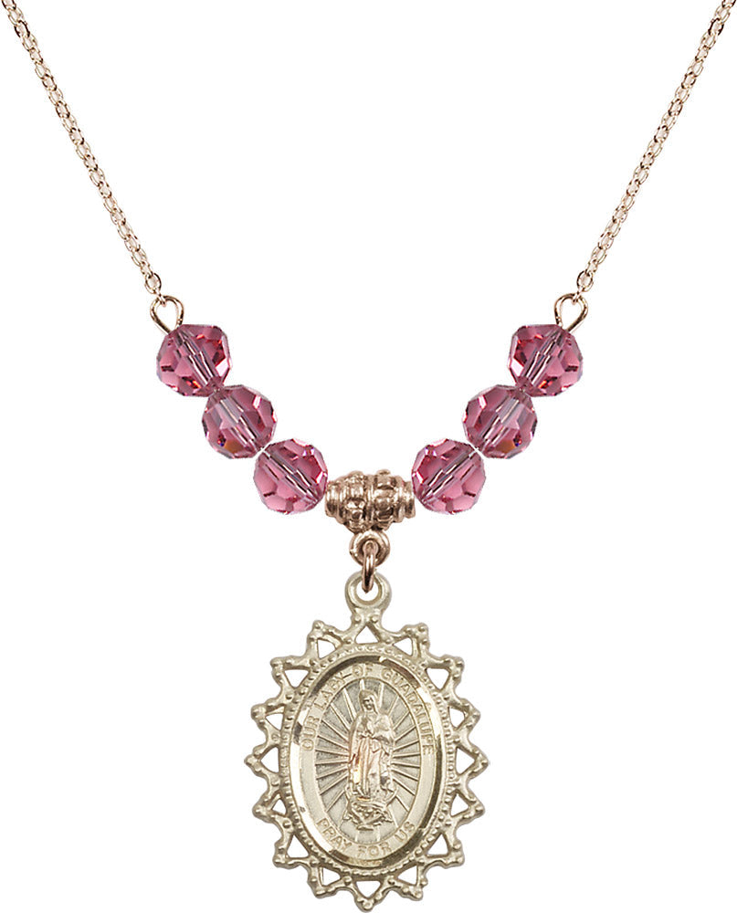 14kt Gold Filled Our Lady of Guadalupe Birthstone Necklace with Rose Beads - 1619