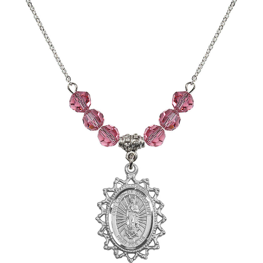 Sterling Silver Our Lady of Guadalupe Birthstone Necklace with Rose Beads - 1619
