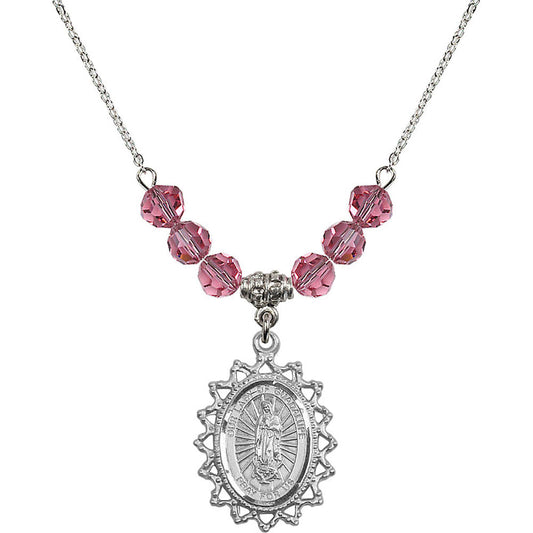 Sterling Silver Our Lady of Guadalupe Birthstone Necklace with Rose Beads - 1619