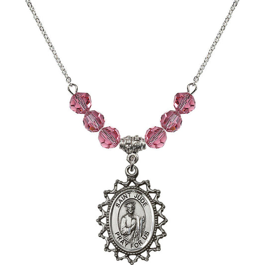 Sterling Silver Saint Jude Birthstone Necklace with Rose Beads - 1619