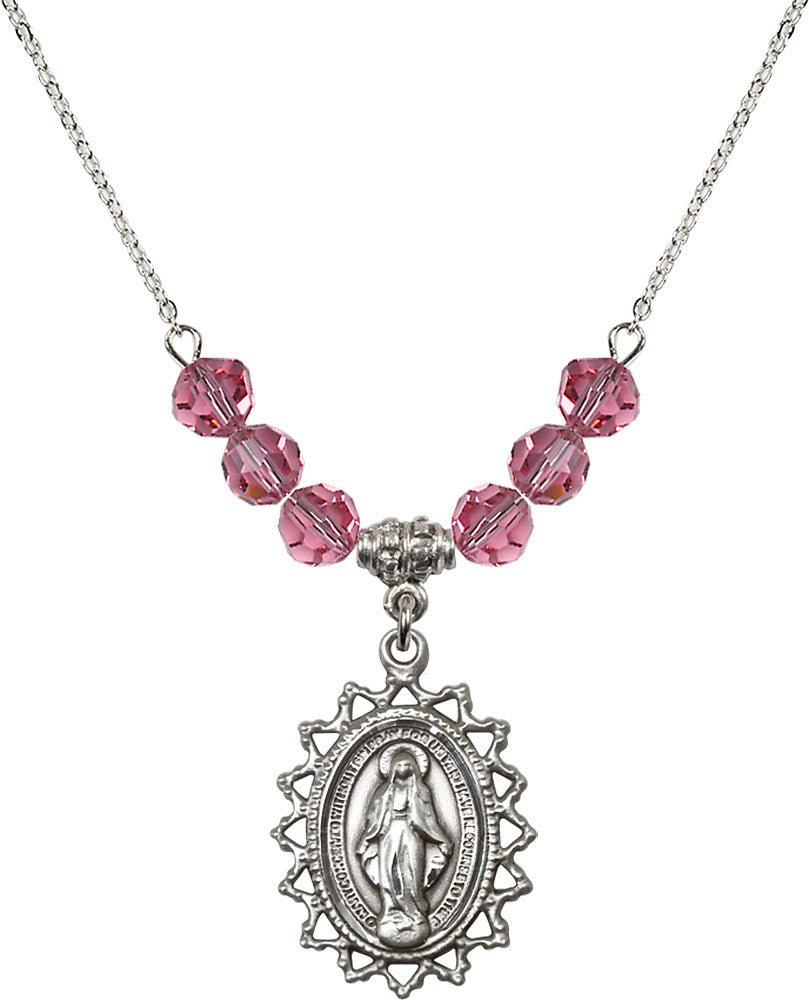 Sterling Silver Miraculous Birthstone Necklace with Rose Beads - 1619
