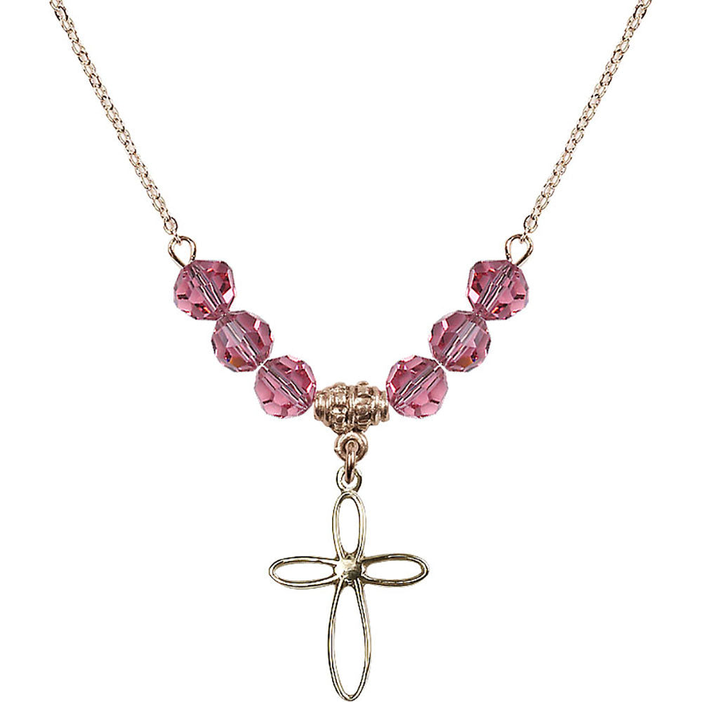 14kt Gold Filled Loop Cross Birthstone Necklace with Rose Beads - 1707