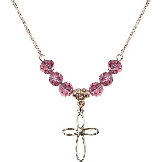 14kt Gold Filled Loop Cross Birthstone Necklace with Rose Beads - 1707