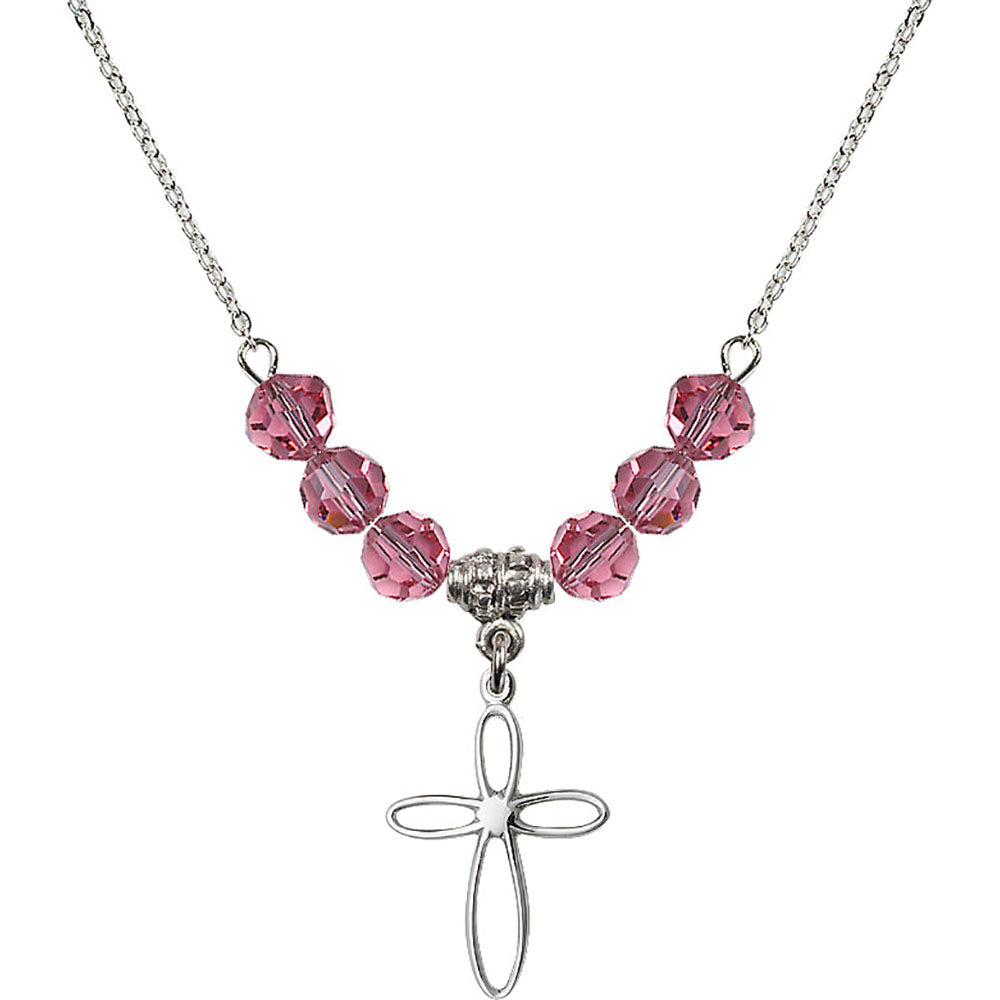 Sterling Silver Loop Cross Birthstone Necklace with Rose Beads - 1707