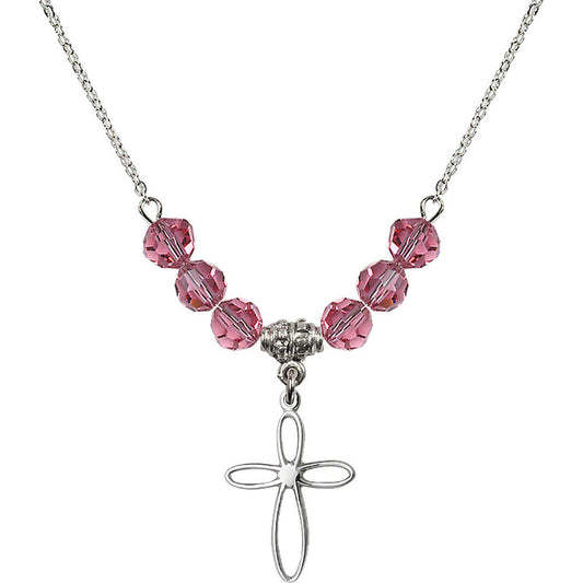 Sterling Silver Loop Cross Birthstone Necklace with Rose Beads - 1707